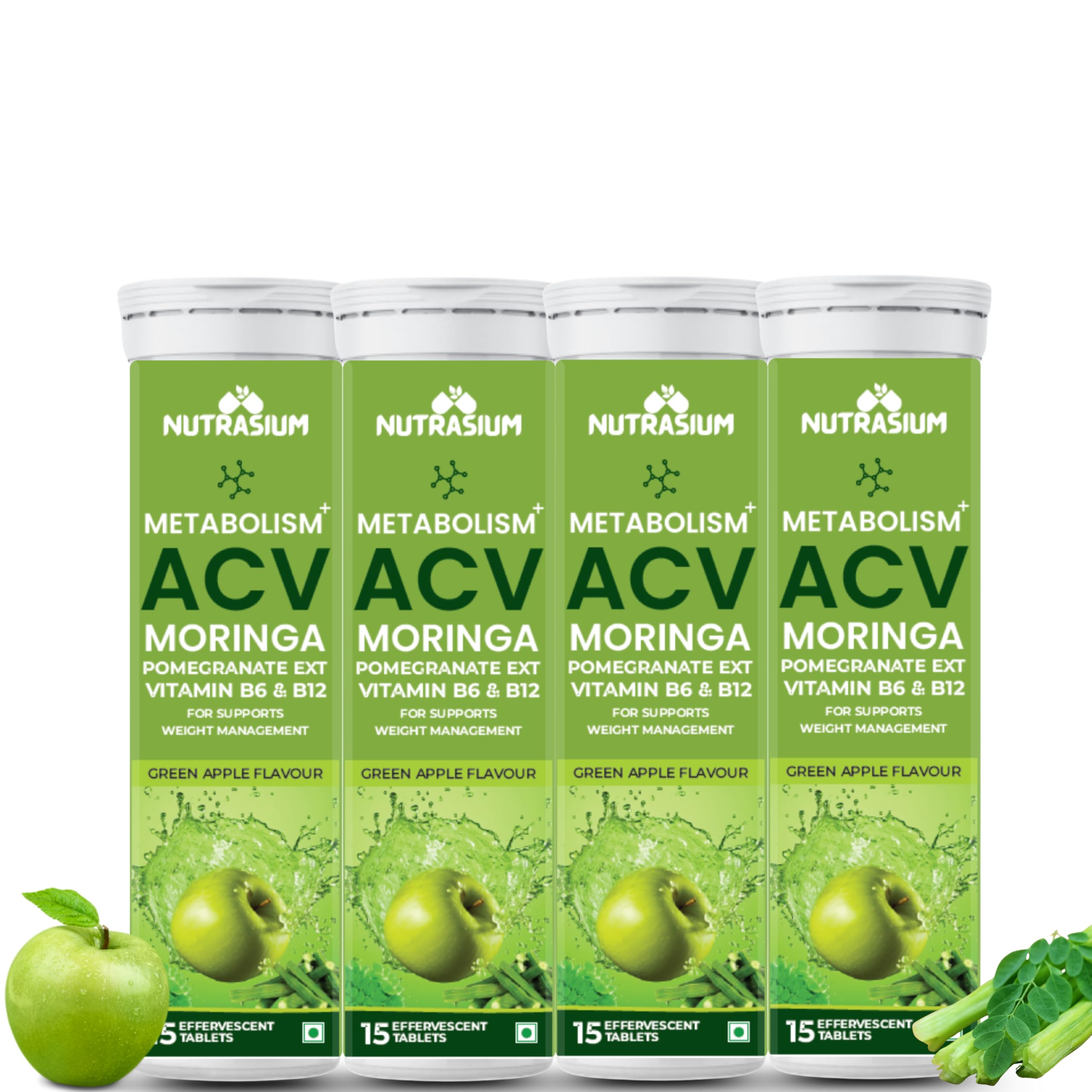 Nutrasium ACV Moringa Metabolism Plus | For Supports Weight Loss, Control Cravings, Convert Fat Into Energy, Boost Energy & Immunity 60 Tablets Pack Of 4 X 15