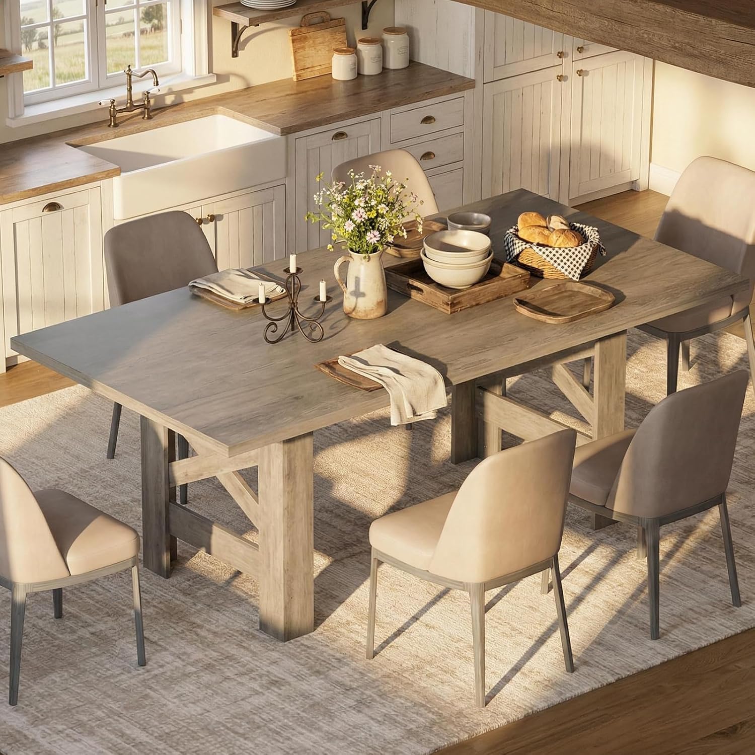 IDEALHOUSE 71"L Farmhouse Dining Table for 6-8, Rectangular Barn Wooden Kitchen Table with a Rock-Strong Thick Base, Triangular Legs, Long Dining Room Table for Office, Kitchen, Apartment, Rustic Gray