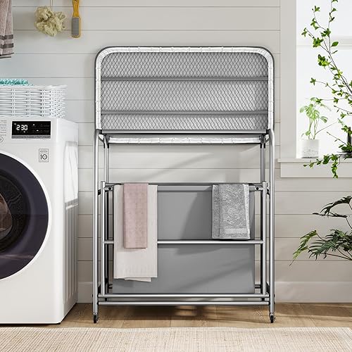 Miniatura 8 de COSTWAY Cesta de lavandería con tabla de planchar, carrito de lavandería con 3 secciones inclinables con 3 bolsas extraíbles separadas, ruedas con