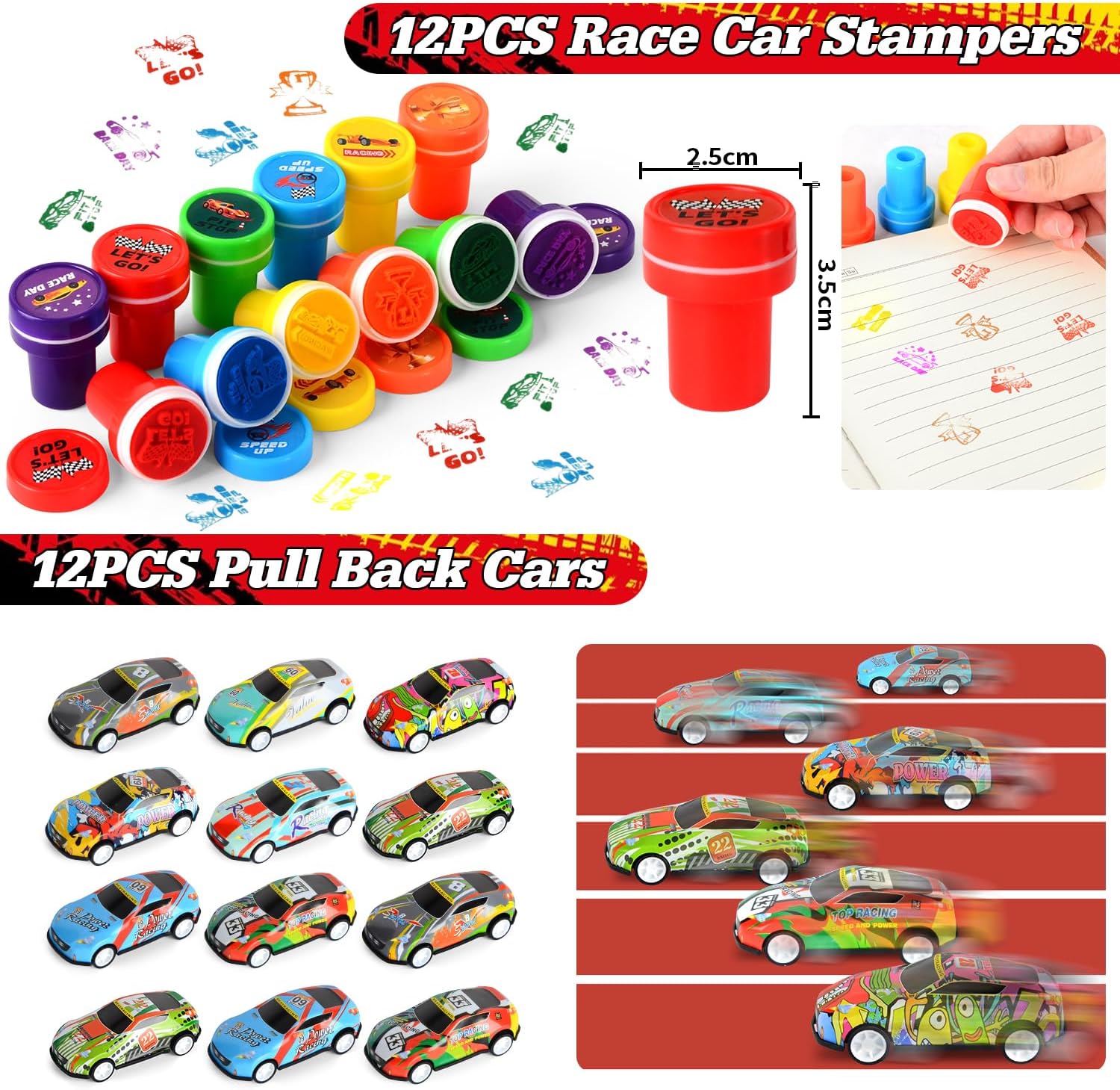KISPATTI 122 PCS Race Car Party Favors, Racing Birthday Party Favors with Pull Back Cars Drawstring Bags Keychain Stamper Tattoo Stickers, Racecar Theme Party Supplies Goodie Bag for Boys Kids