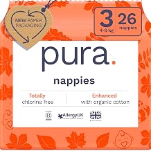 Pura Eco Baby Nappies - Size 3 4-9 kg, 1 Pack 26 Nappia, Ultra Soft Nappies for Sensitive Skin, Organic Cotton, Up to 12 Hours of Lak Protection, New Size Guide