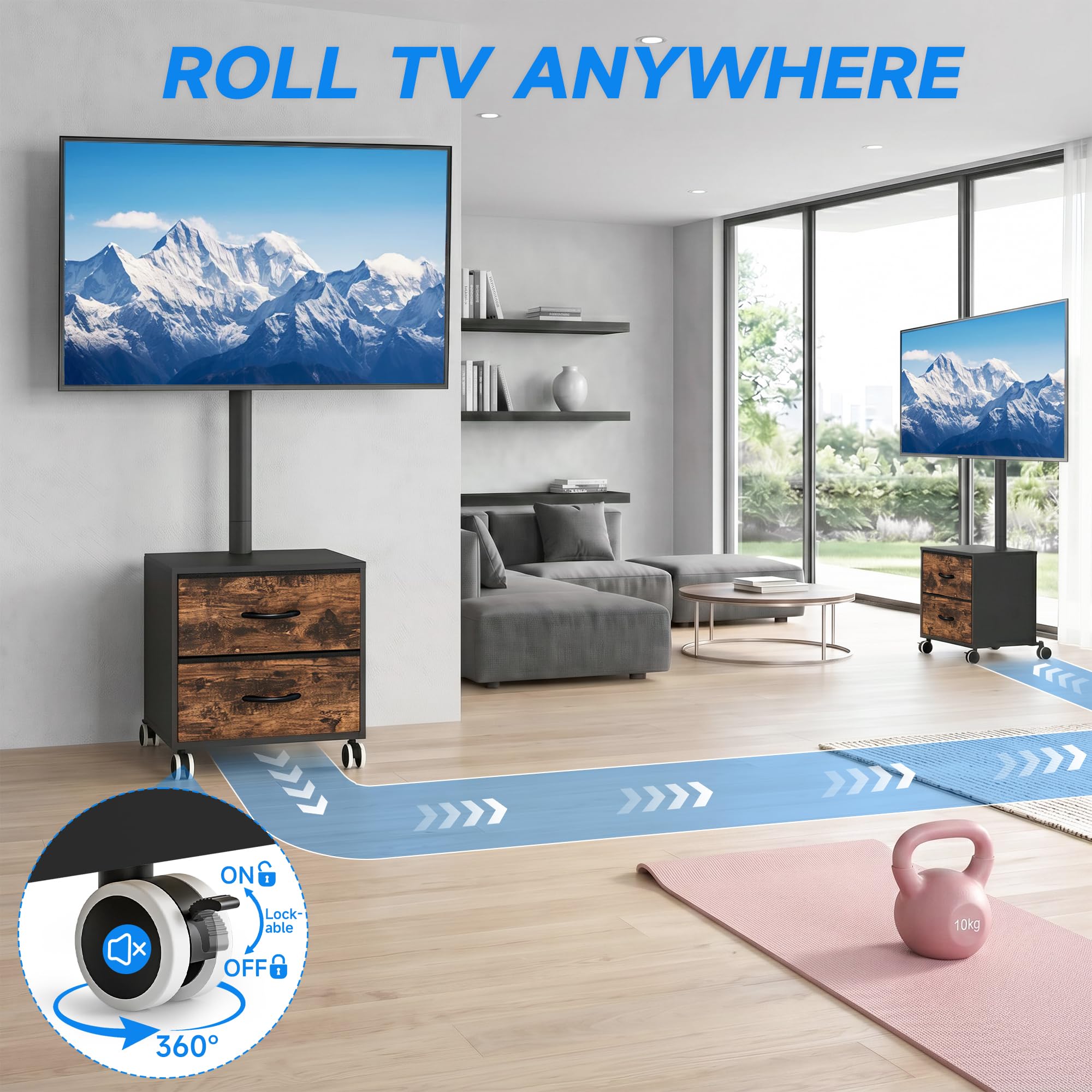 5Rcom Supporto TV nero su ruote per TV LED LCD OLED al plasma da 32-60 pollici, mobile TV piatto curvo regolabile in altezza con staffa fino a 40 kg, supporto mobile per TV con cassetti max VESA 400 x