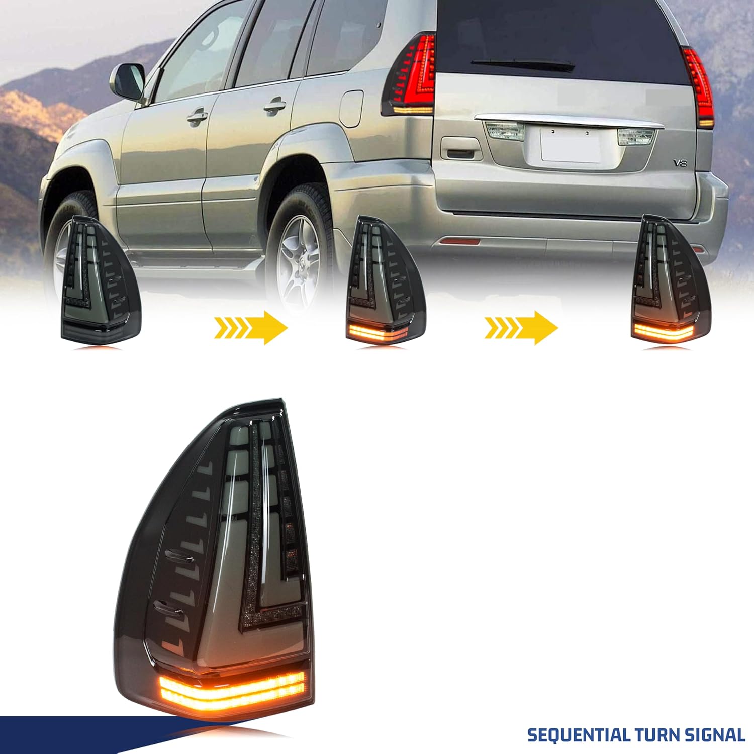 LED Tail Lights Assembly Compatible with Lexus GX470 2003-2009 Start-up Animation Sequential Turn Signal Rear Lamps Accessory