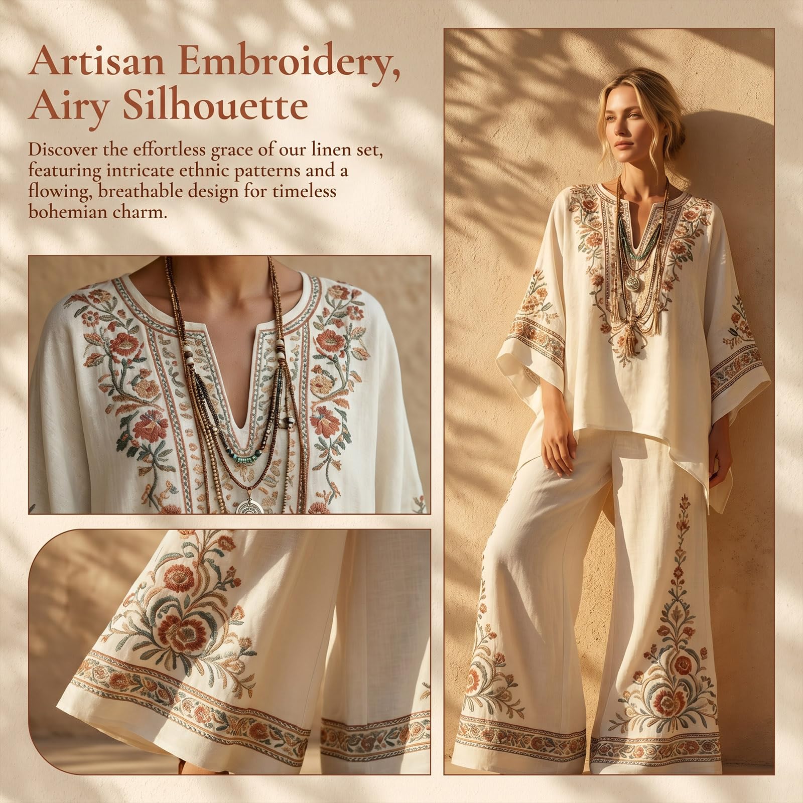Generisch Musselin Sommer Zweiteiler Damen Leinen Set Elegant Boho Hosenanzug Weite Hose Tunika Oberteil Ethno Outfits Strandkleidung Hausanzug Oversize Freizeitanzug Ornament Urlaub Chic