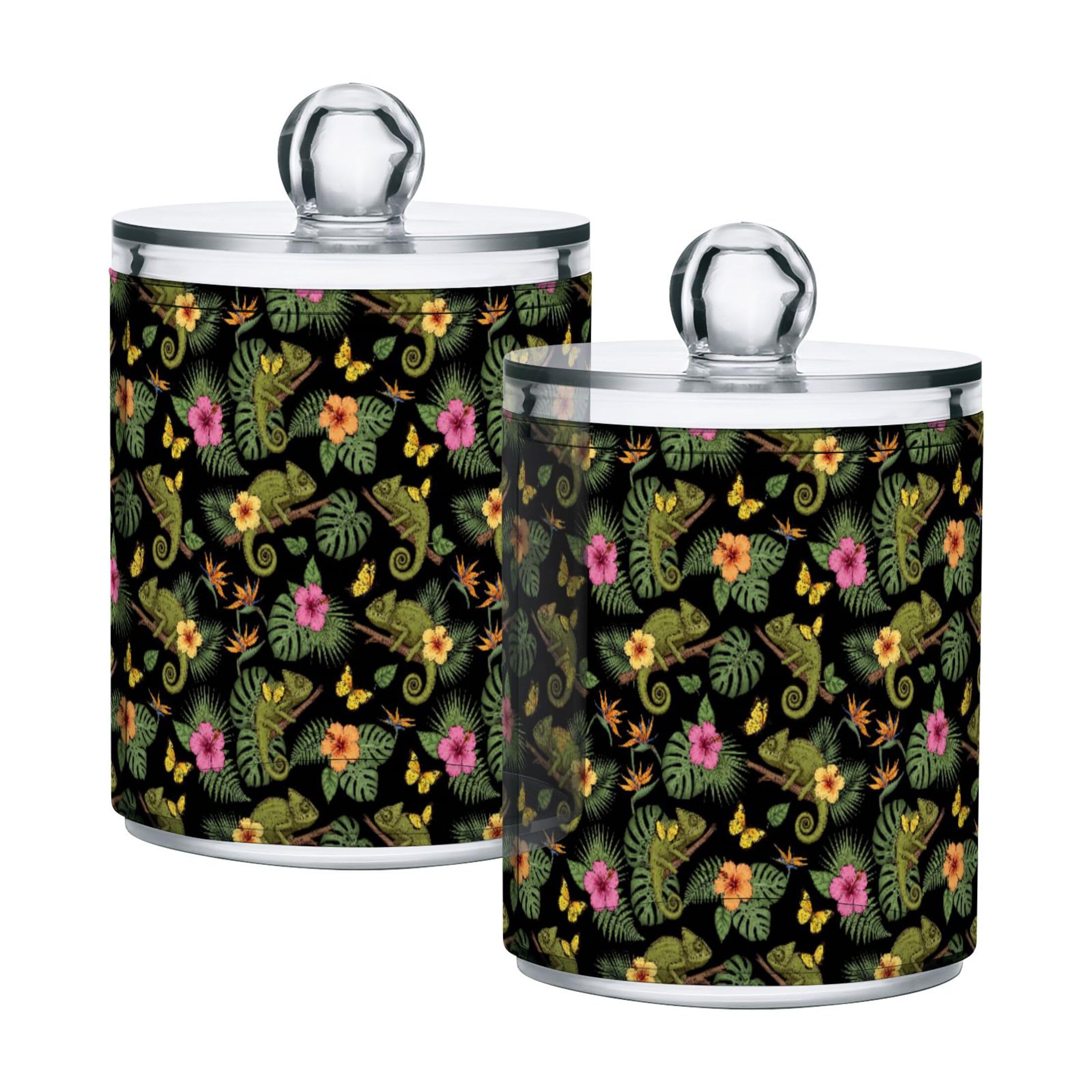 Fuauuyl Chameleons Qtip Holder Dispenser 2 Pack Plastic Apothecary Jar Storage Organization Bathroom Vanity Makeup Storage Organization For Cotton Ball Swab Pad