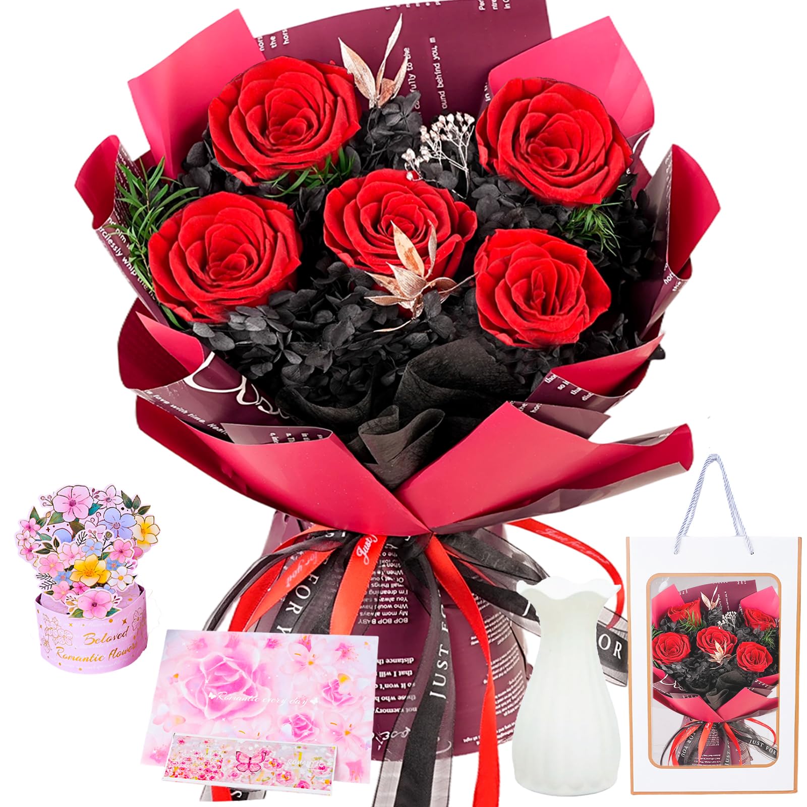 Emivery Red 5 Roses Bouquet With Vase, Forever Bouquet Flowers, Eternal Preserved Real Rose, The Perfect Romantic Gift For Her For Valentine's, Birthday, Anniversary & Mother's Day