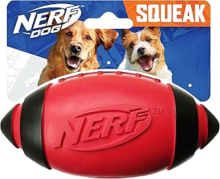 Nerf Dog Rubber Football Dog Toy with Interactive Squeaker, Lightweight, Durable and Water Resistant, 5 Inch Diameter for Medium/Large Breeds, Single Unit, Red