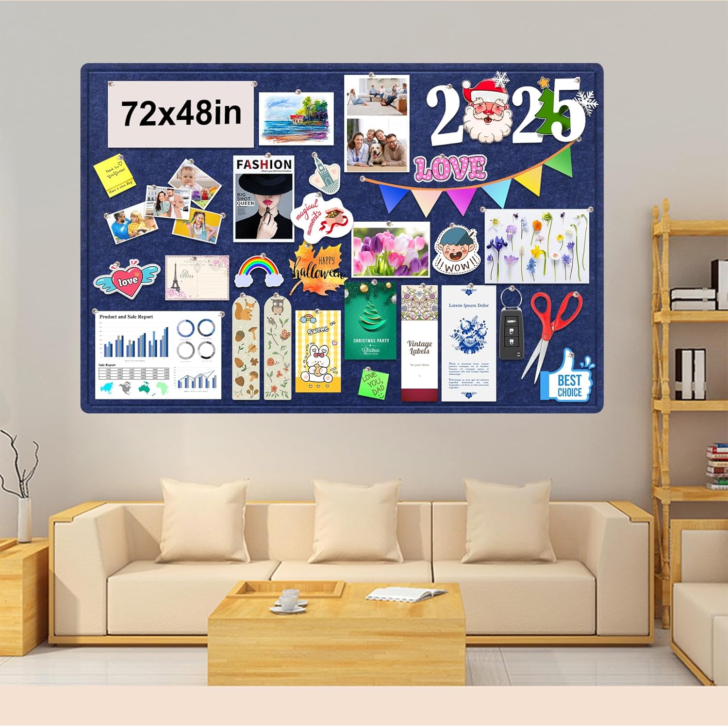 Large Bulletin Board, 72x48 Inches Cork Board Alternative, Large Felt Board Decorative Pin Board for Wall, Foldable Photo Board Self-Adhesive Vision Board with 36 Pushpins Dark Blue