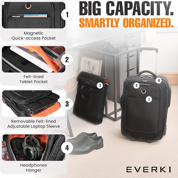 EVERKI Wheeled 420 Laptop Trolley Bag with Laptop Compartment, Black - 35L