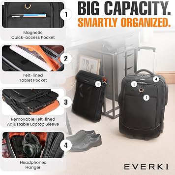 EVERKI Wheeled 420 Laptop Trolley Bag with Laptop Compartment, Black - 35L