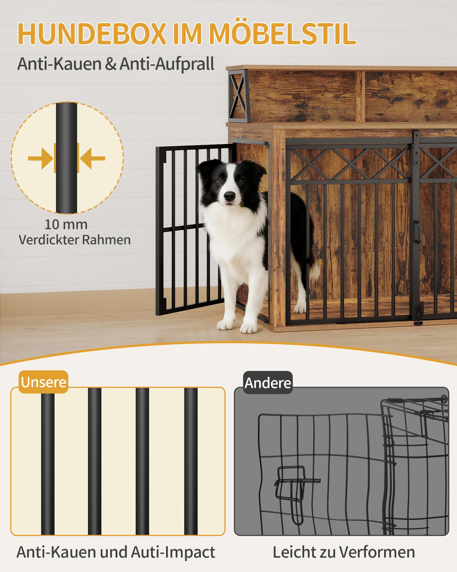 Hzuaneri Hundekäfig Möbel mit Lagerregal, Dreitürige Hundebox für Zuhause, Indoor Kennel mit Scheunentür, Beistelltisch, Geeignet für Mittlere/Große Hunde, 100 x 60 x 86 cm, Vintage Braun DFC87401B