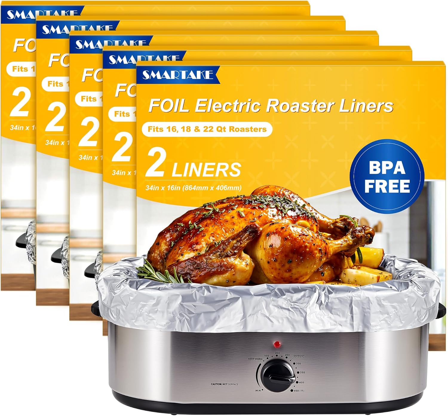 SMARTAKE Foil Electric Roaster Liners, 10-Count Disposable Turkey Oven Cooking Bags, Fits 16, 18, 22 Quart Roaster Pan, Instant Cleanup for Thanksgiving Christmas, 16 x 34 Inch