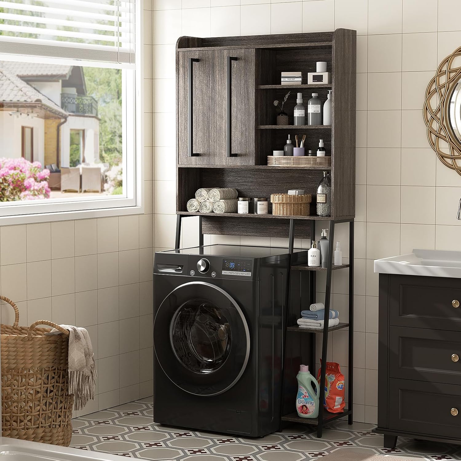 VFK Over The Toilet Storage Cabinet with Sliding Door, Farmhouse Bathroom Organizer with Adjustable Shelves for Small Spaces, Sturdy Metal Frame Above Toilet Cabinet,31.5" L x 7.7" W x 66.9" H