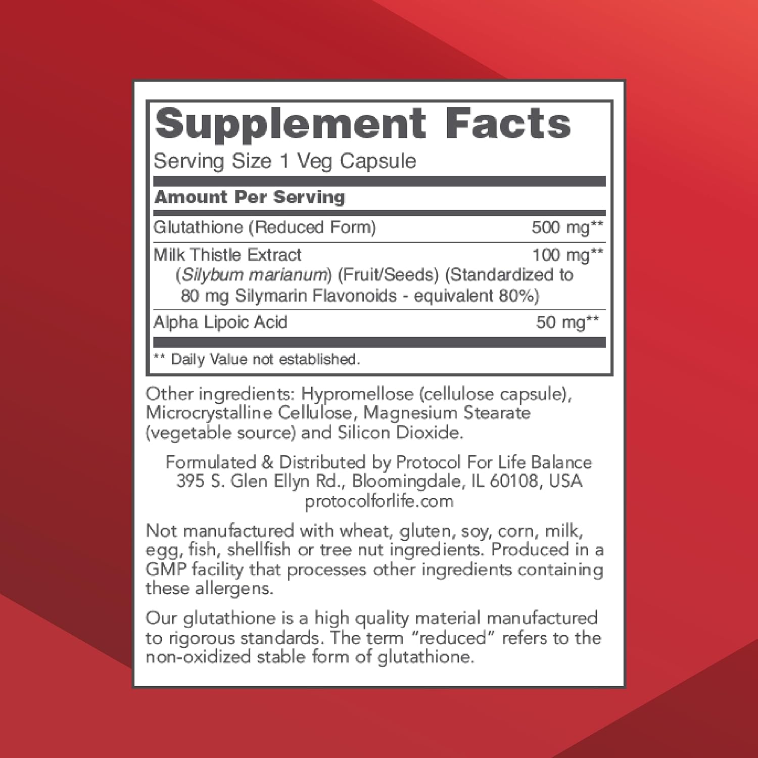 PROTOCOL FOR LIFE BALANCE Glutathione 500mg - Milk Thistle and Alpha-Lipoic Acid - 60 Veg Caps