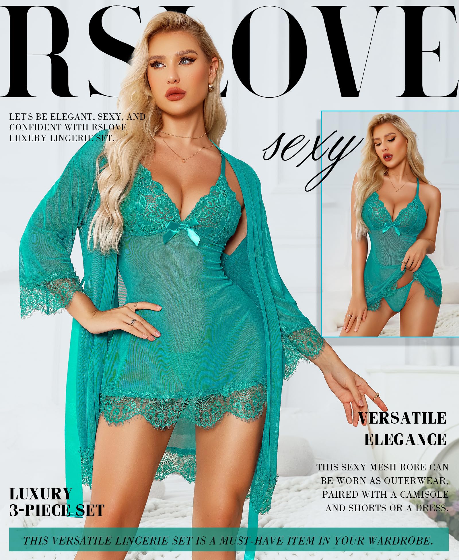 RSLOVE Women Sexy Lingerie Set 3 Piece Babydoll & Lace Kimono Robe Strap Chemise Sleepwear Mesh Nightgown: Large Blue Green