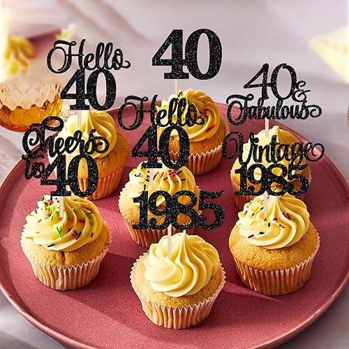 Miniatura 5 de Rsstarxi Paquete de 24 adornos vintage de 1984 para cupcakes con purpurina de cuarenta y hola de 40 saludos a 40 fabulosas selecciones de cupcakes