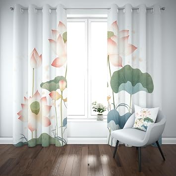 Lotus Floral Curtains Black Out 52x84 Botanical Aesthetic | Heat Blocking Curtain Flower Plant Light Blocking Curtains for Living Room Bedroom Grommet Drapes 2 Panels