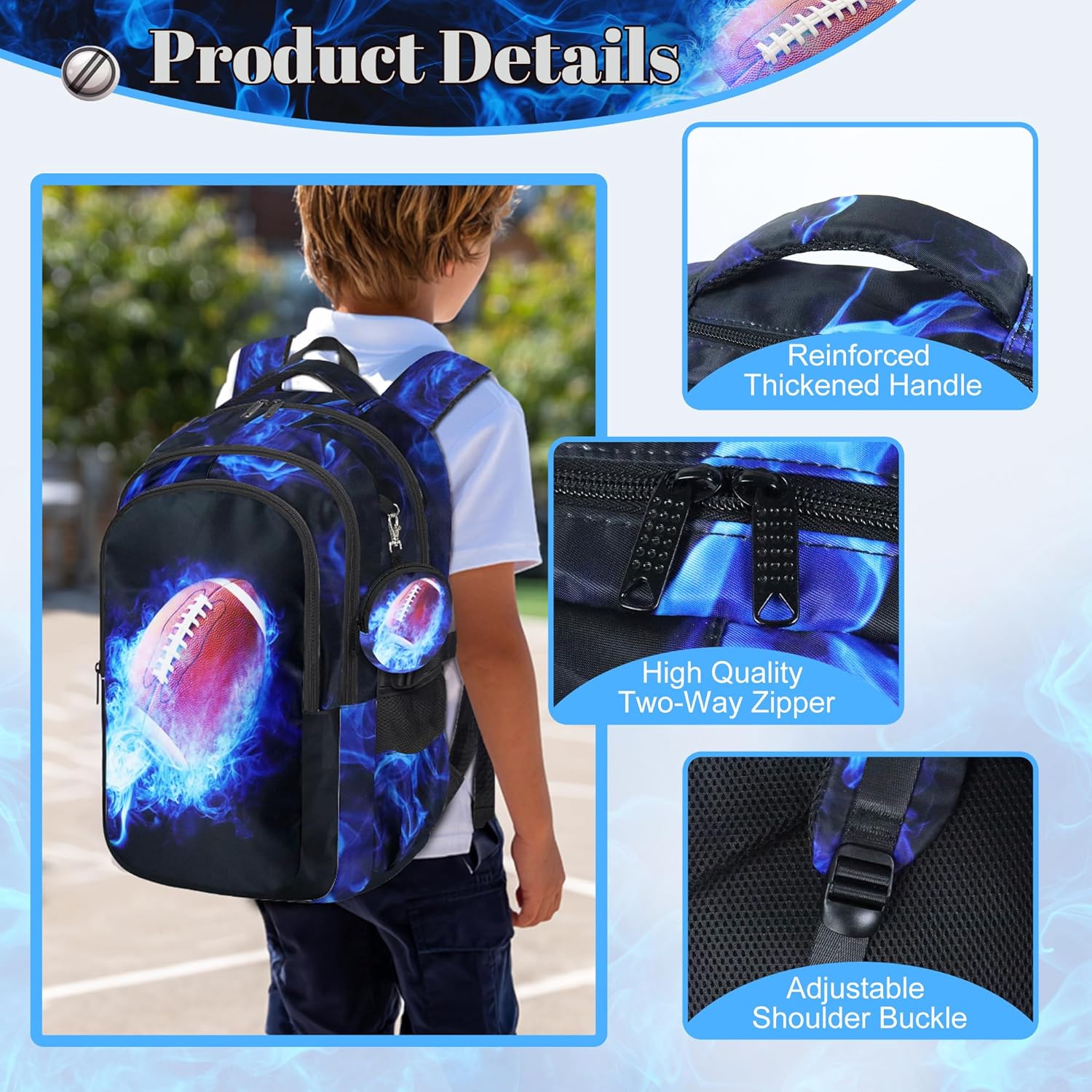 Boys American Football Backpack with Lunch Box, Kids Backpack Set for School, 17inch Bookbag with Pencil Case Coin Purse Blue