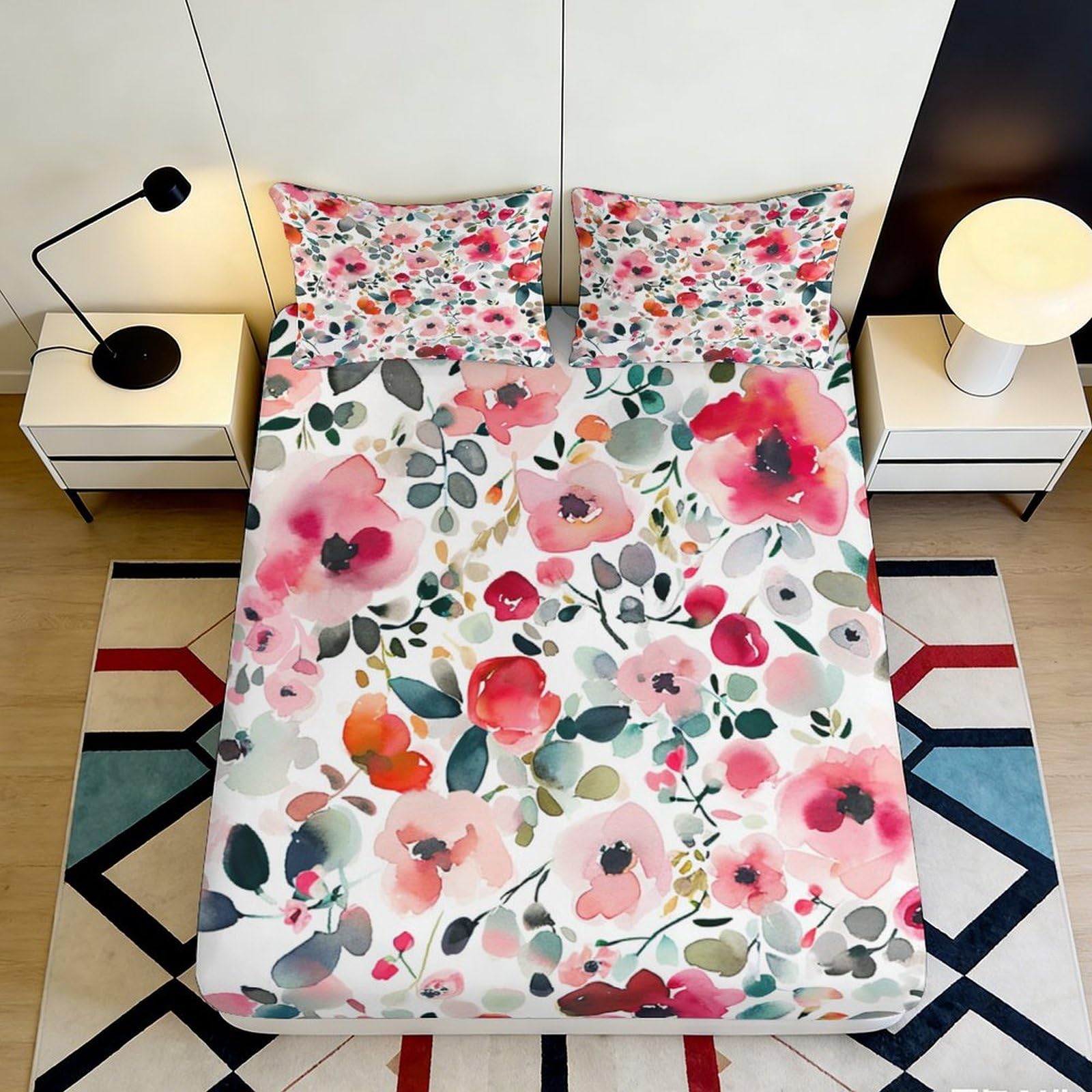 Jqzkxnhpbr Style-9 3D Printed Watercolor Floral Fitted Sheet Microfiber Soft Pink Blossom Bed Cover Anti-Slip Machine Washable For Bedroom Guest Room 90X200x25cm