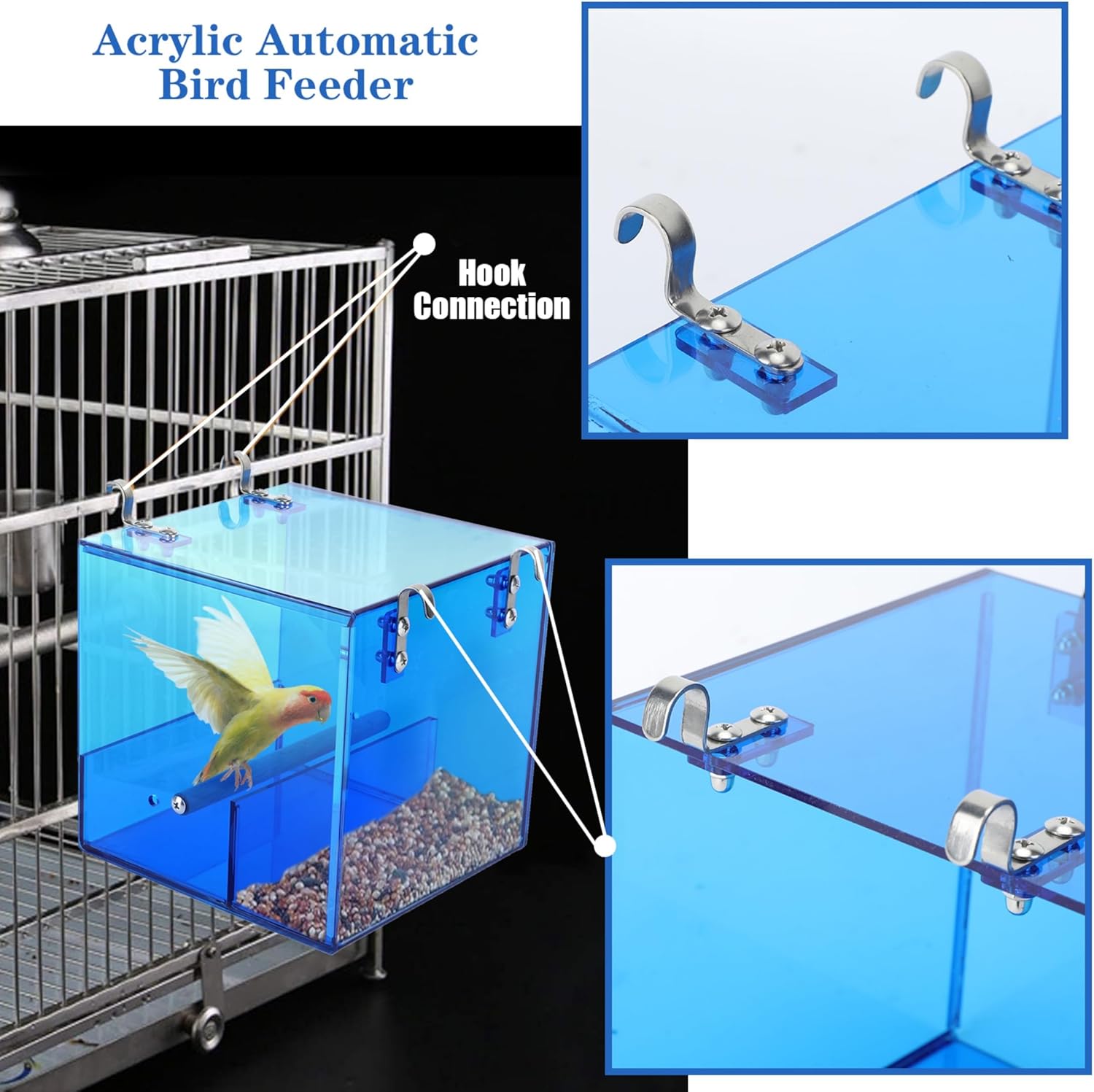 Automatic Bird Feeder Residue-Free Bird Cage Pet Feeder Seed & Pellet Container for Long-Tailed Parrots, Budgerigars, Canaries, Cockatiels, Lovebirds Acrylic Material Blue 6.3 x 6.3 x 6.3 Inches