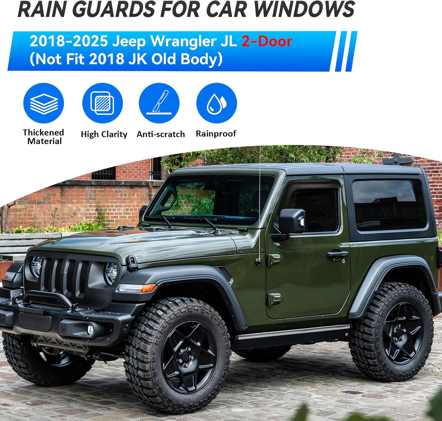 2pcs Smoke Tint Sun Rain Guard Vent Window Visors Compatible with 2018-2024 Jeep Wrangler JL 2-Door, Outside Mount Tape On Style Acrylic Set of 2 Front