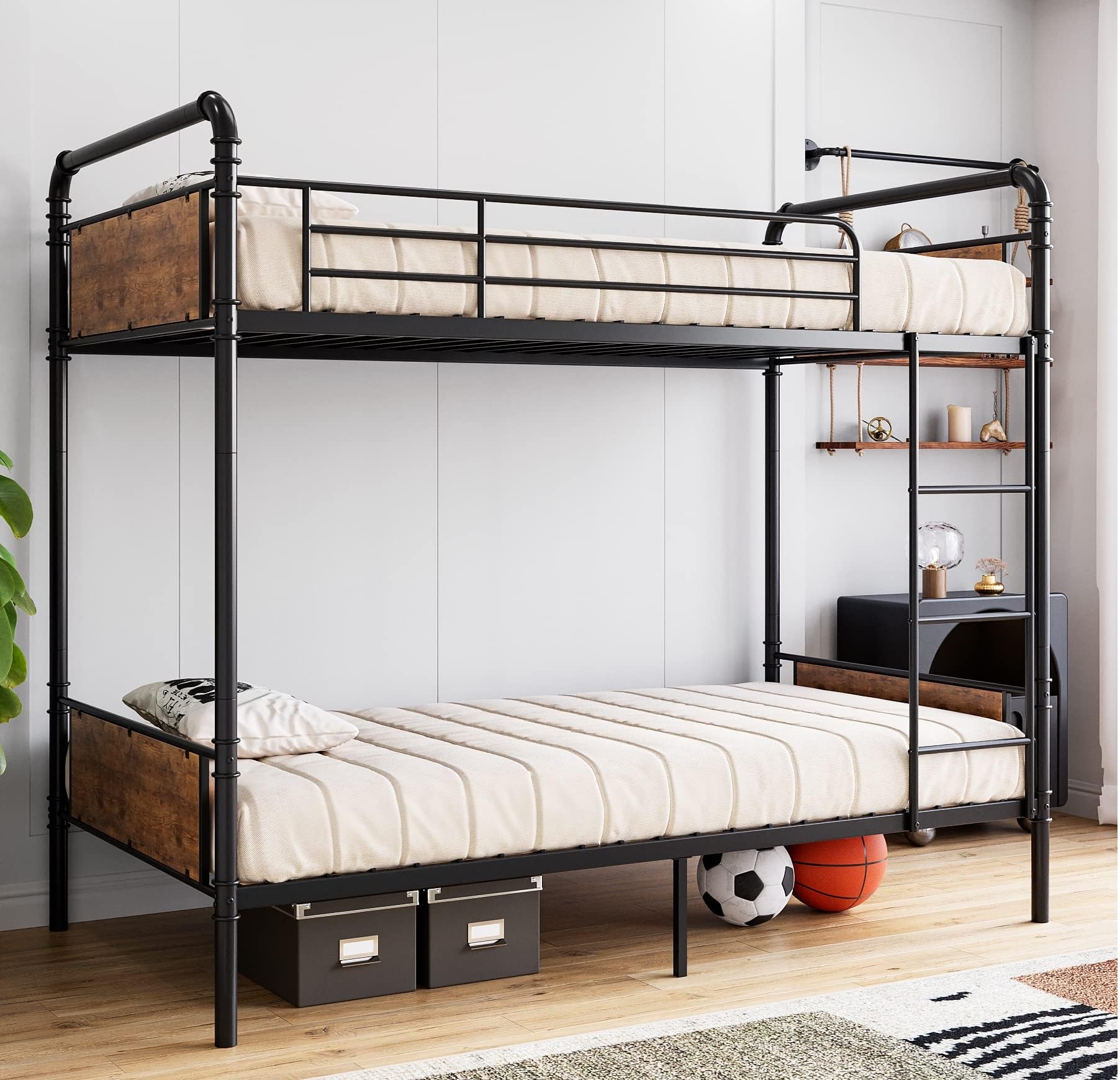 Homhougo Bunk Bed Twin Over Twin, Twin Bunk Beds, Heavy Duty Twin Size Metal Bunk Bed with Guardrail & Ladders, Space-Saving, Noise Free, No Box Spring Needed, Black