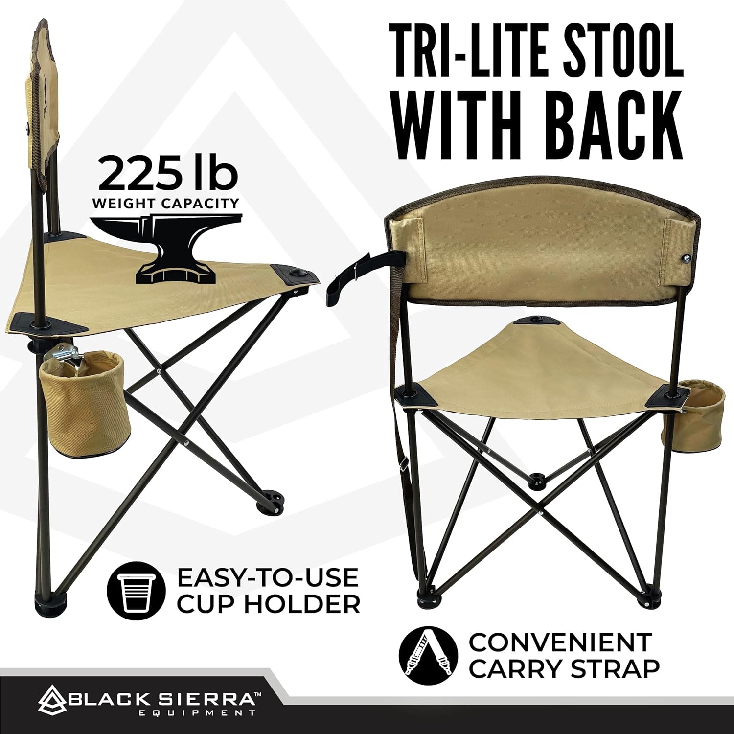Black Sierra Tri-Lite Stool with Back Lightweight, Folding Chair, for in the Hunting Blind, Camping, and Fishing, Steel Frame Supports 225 LBS