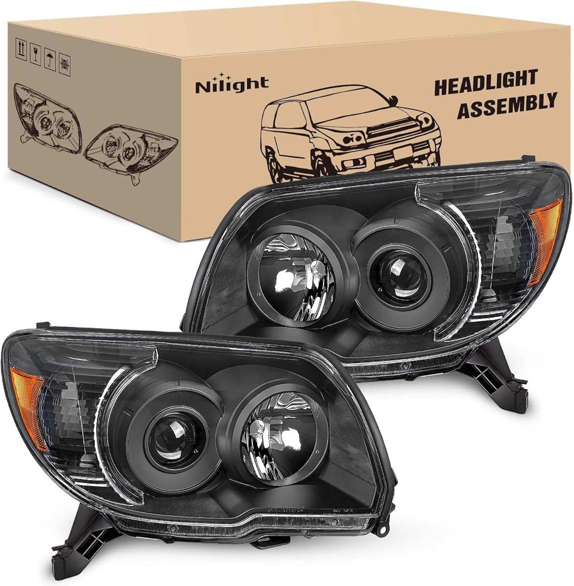 Nilight Headlights Assembly for Toyota 4Runner 2006 2007 2008 2009 Headlamp Black Housing Amber Reflector