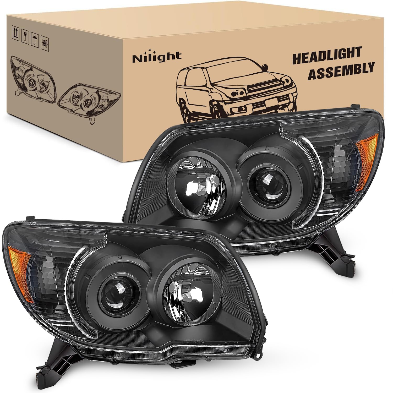 Nilight Headlights Assembly for Toyota 4Runner 2006 2007 2008 2009 Headlamp Black Housing Amber Reflector