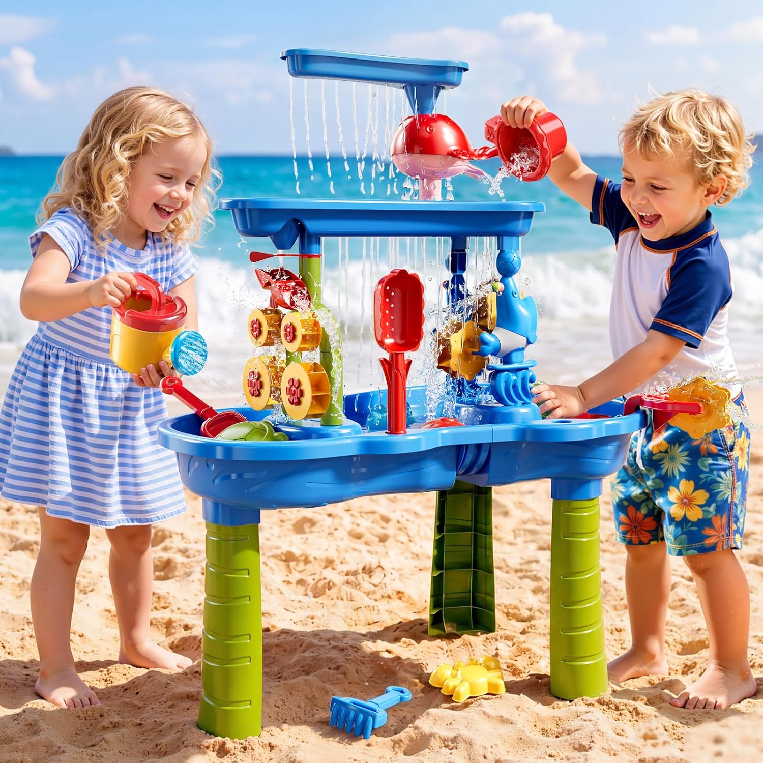 water table for toddlers 3-5, 3-tier kids sand water table, water and sand activity sensory table beach outdoor backyard toys for kids toddlers age 3 4 5 6 7 8 boys girls