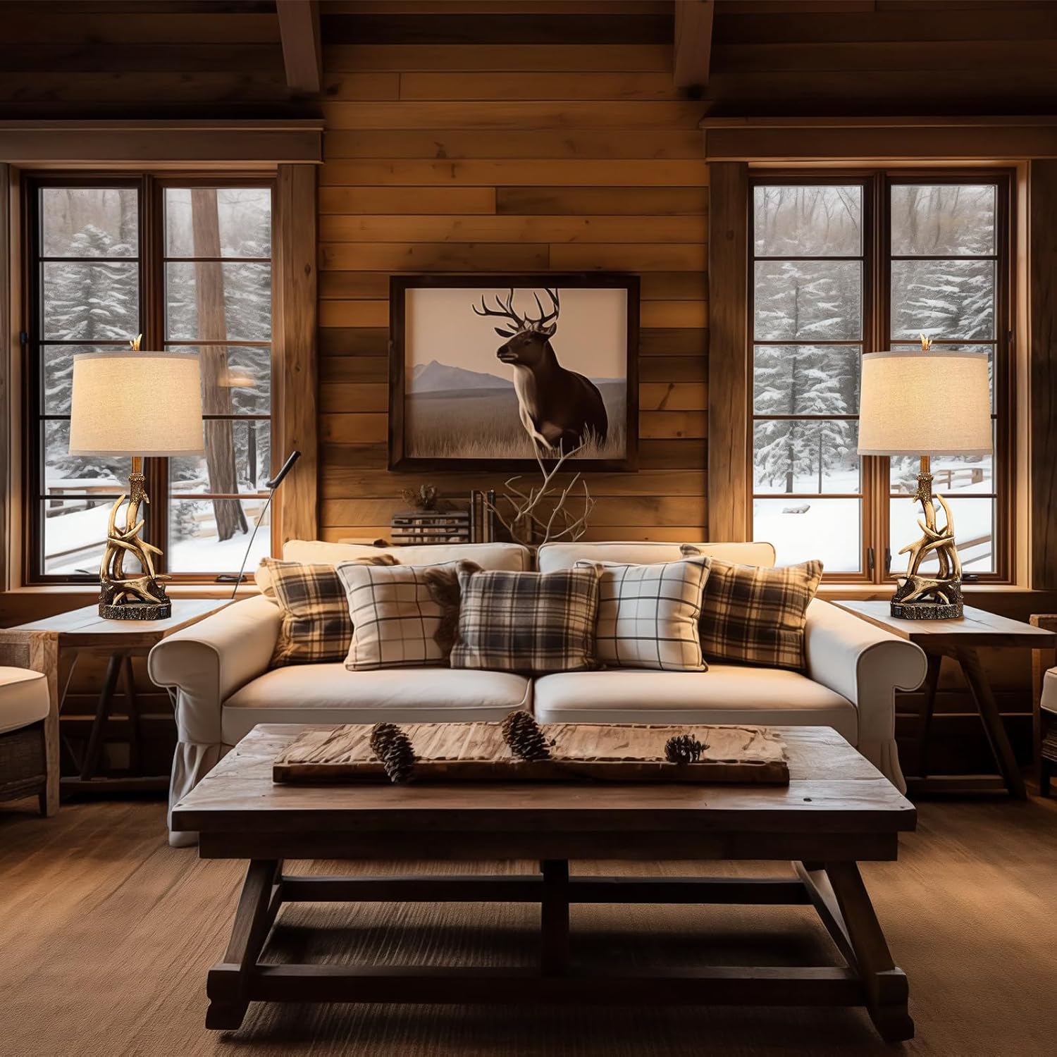 Rustic Table Lamp 27.25'' Tall Deer Antler Lamps for Living Room End Table with USB Port Western Country Lamps for Bedroom Cabin Bedside Lamps for Nightstand, Single, Bulb Not Included