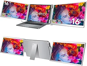 FOPO Portable Monitor for Laptop - 16” FHD 1200P Triple Monitor Laptop Screen Extender with HDMI and USB-C Connectivity for Effortless Multitasking-S11