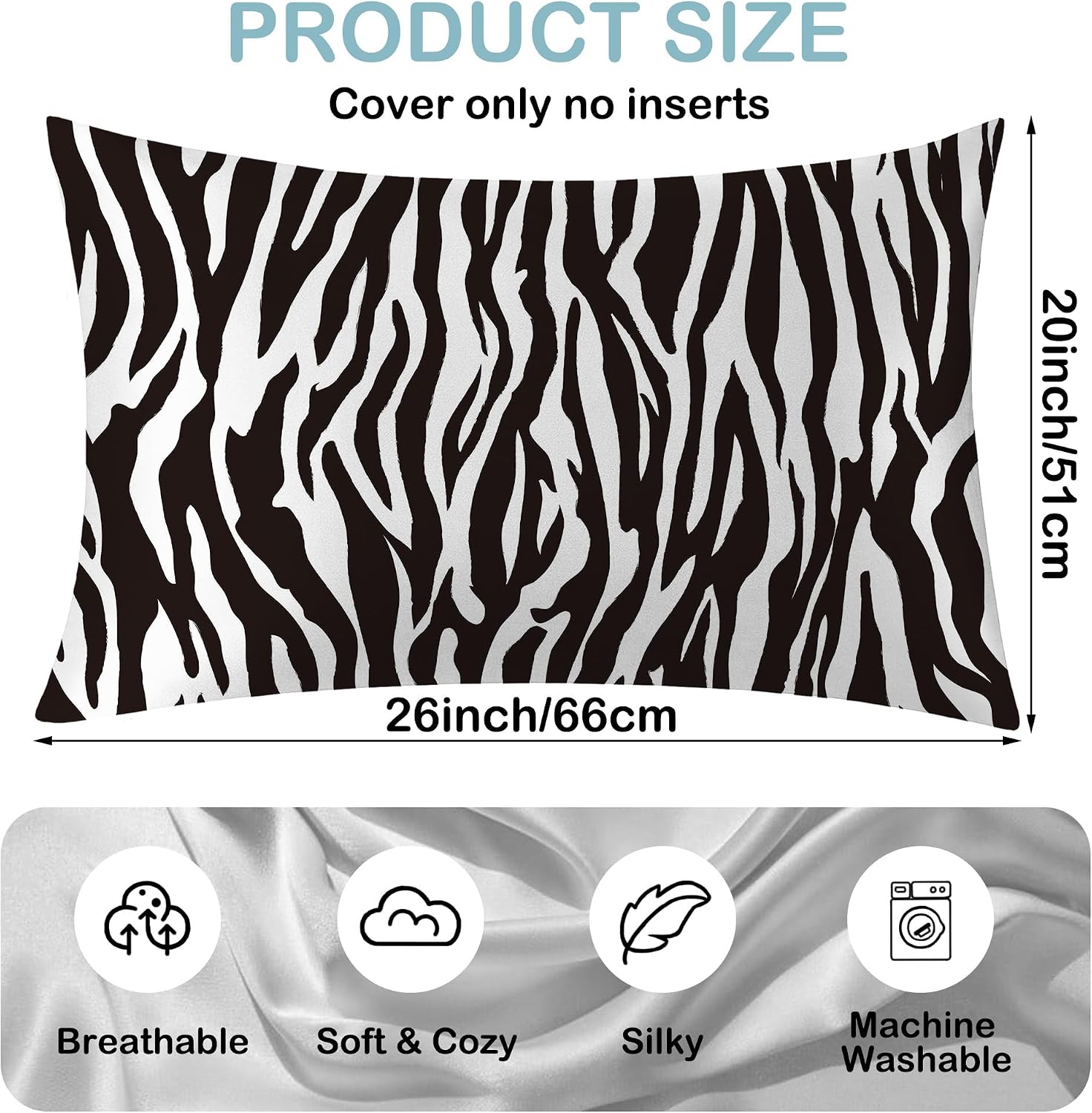 Satin Pillowcase 1 Pack-Zebra Black and White Silky Pillow Cover for Hair and Skin,Standard Size 20x26 Inch Soft Cooling Printed Pillow Cases with Hidden Zipper,Gifts for Women Men