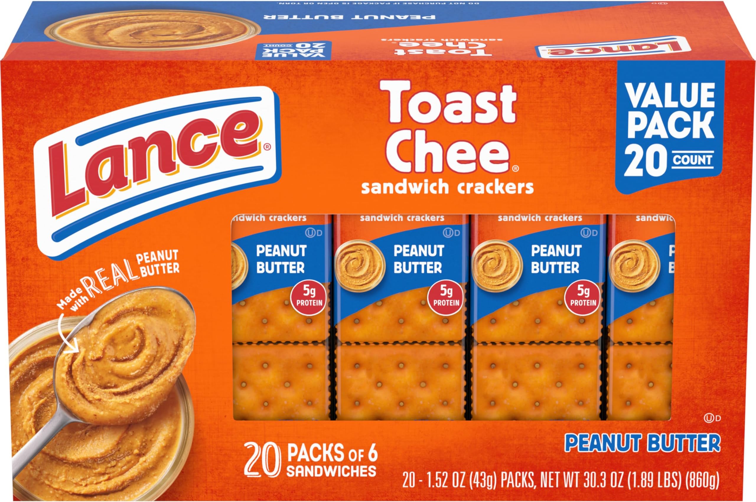 Sandwich Crackers, ToastChee Peanut Butter, 20 Individually Wrapped Packs, 6 Sandwiches Each