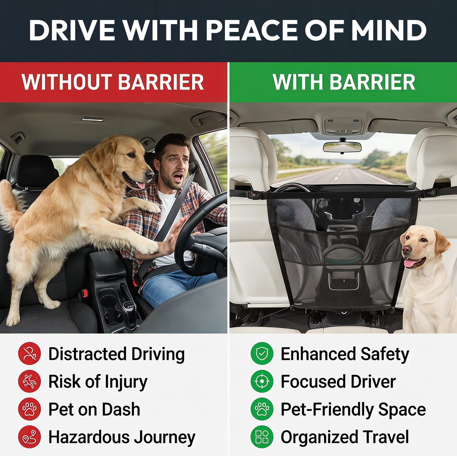 Hundegitter Auto Mit Aufbewahrungstaschen, Trennnetz Hund - Hundenetz für Vordersitz, Auto-Netz-Organizer, Universal Rücksitzsperre, Hundebarriere, Hunde-Autotrenner für LKW, SUV und Limousinen