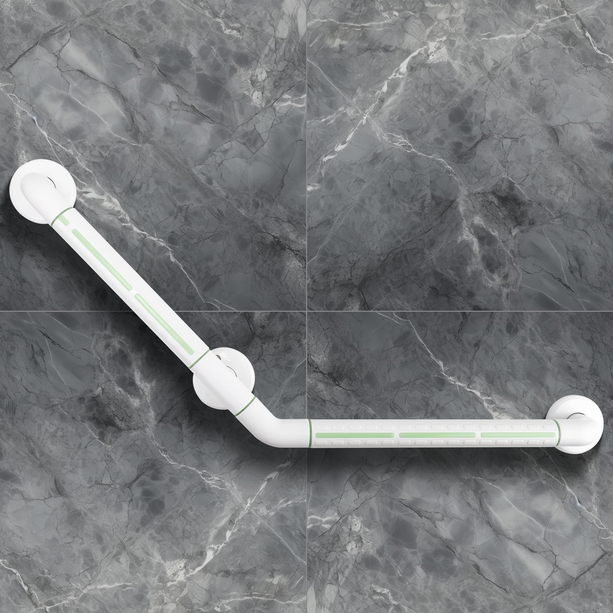 ITSOGOO Antiscivolo Maniglione Bagno Disabili 135° Sicurezza Barre di Sostegno con Striscia Fluorescente Fino a 300 kg Doccia Maniglia per il Bagno per Anziani,Bambini 45x45cm Bianca