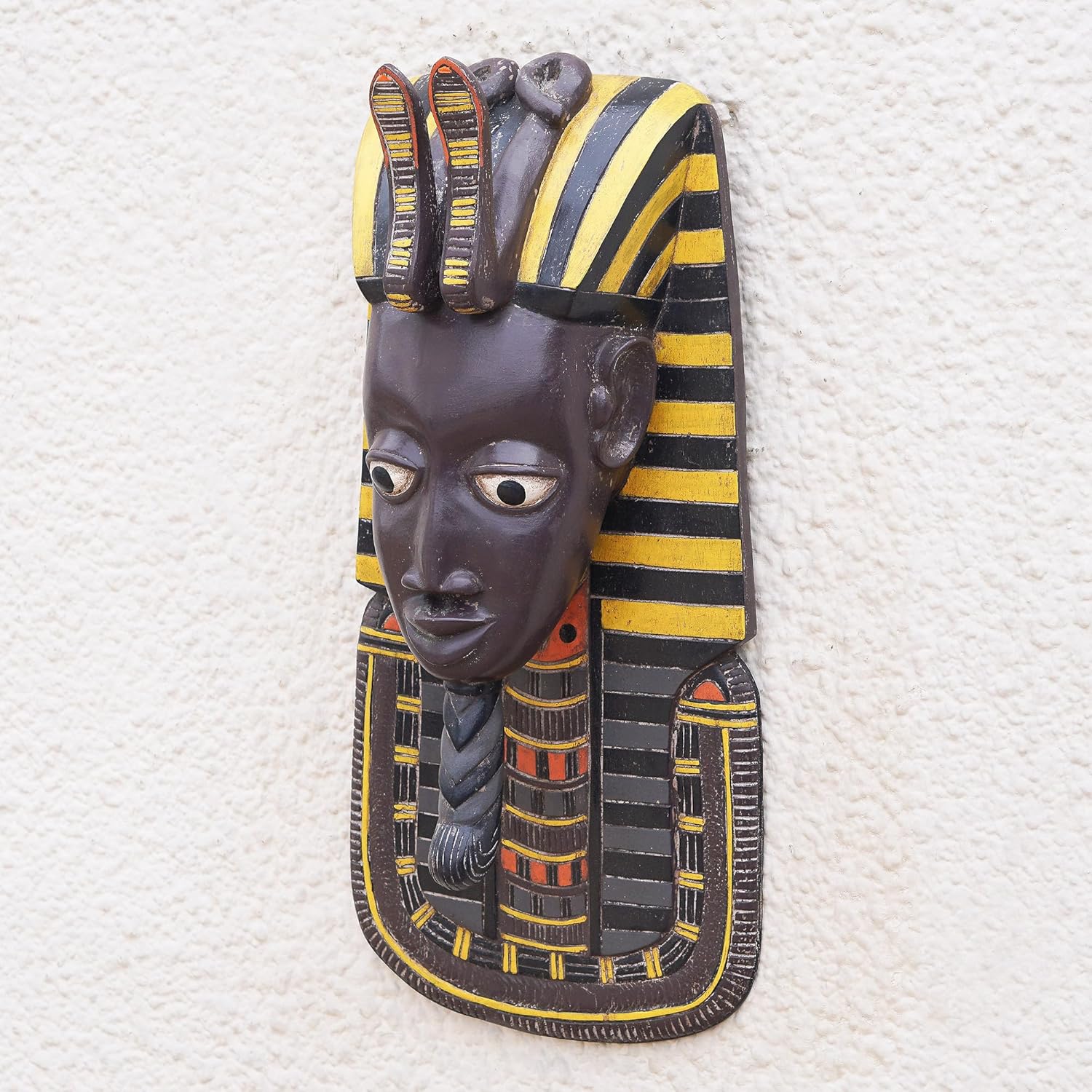 NOVICA Artisan Handcarved African Wood Mask Artisan Crafted Tutankhamun Multicolor Yellow Brown Ghana Masks Archaeological Museum Replica [23.5in H x 11.75in W x 7in D] ' Tutankhamun'