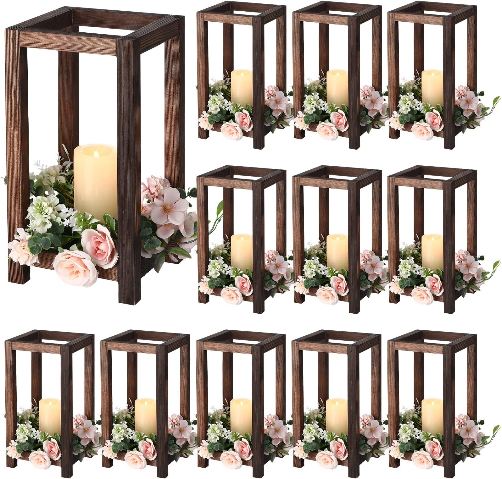 24 Pcs Wooden Candle Lantern Centerpiece Set - 12 Lanterns & 12 LED Candles For Wedding/Party Decor (Brown) - View #9