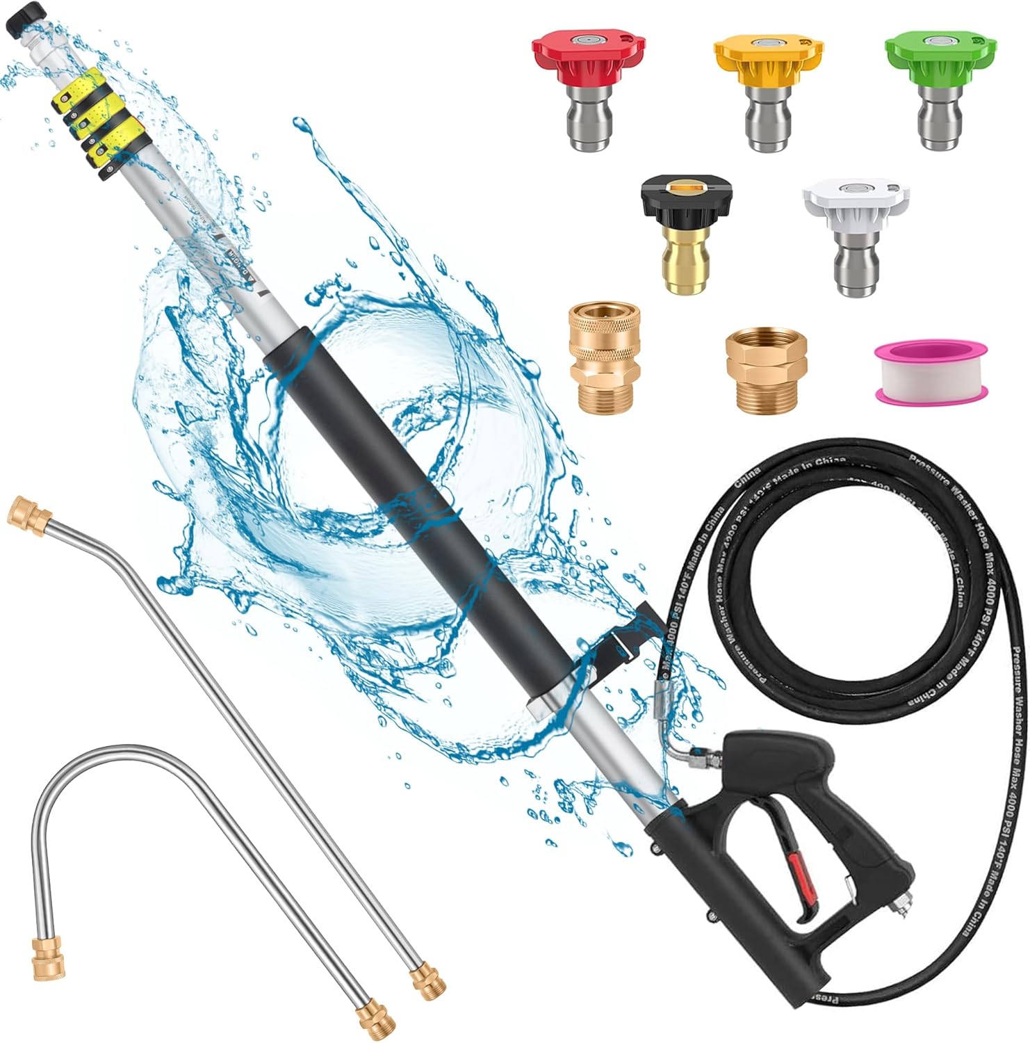 18FT Telescoping Pressure Washer Wand, Pressure Washer Extension Wands, Power Washer Gutter Cleaner with 5 Spray Nozzle Tips, 2 Hose Adapters