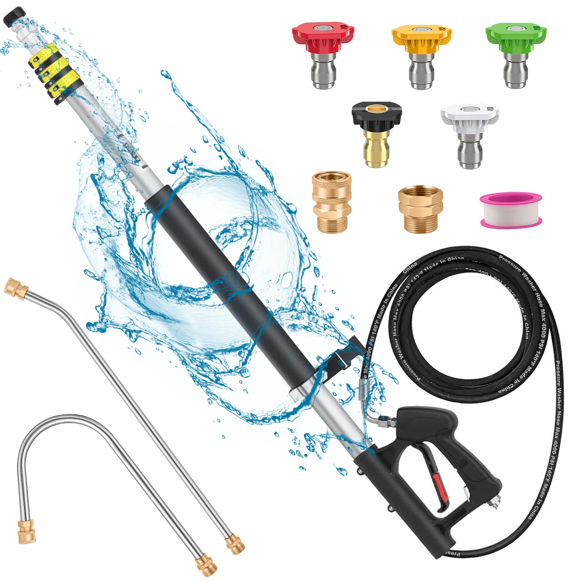 18FT Telescoping Pressure Washer Wand, Pressure Washer Extension Wands, Power Washer Gutter Cleaner with 5 Spray Nozzle Tips, 2 Hose Adapters