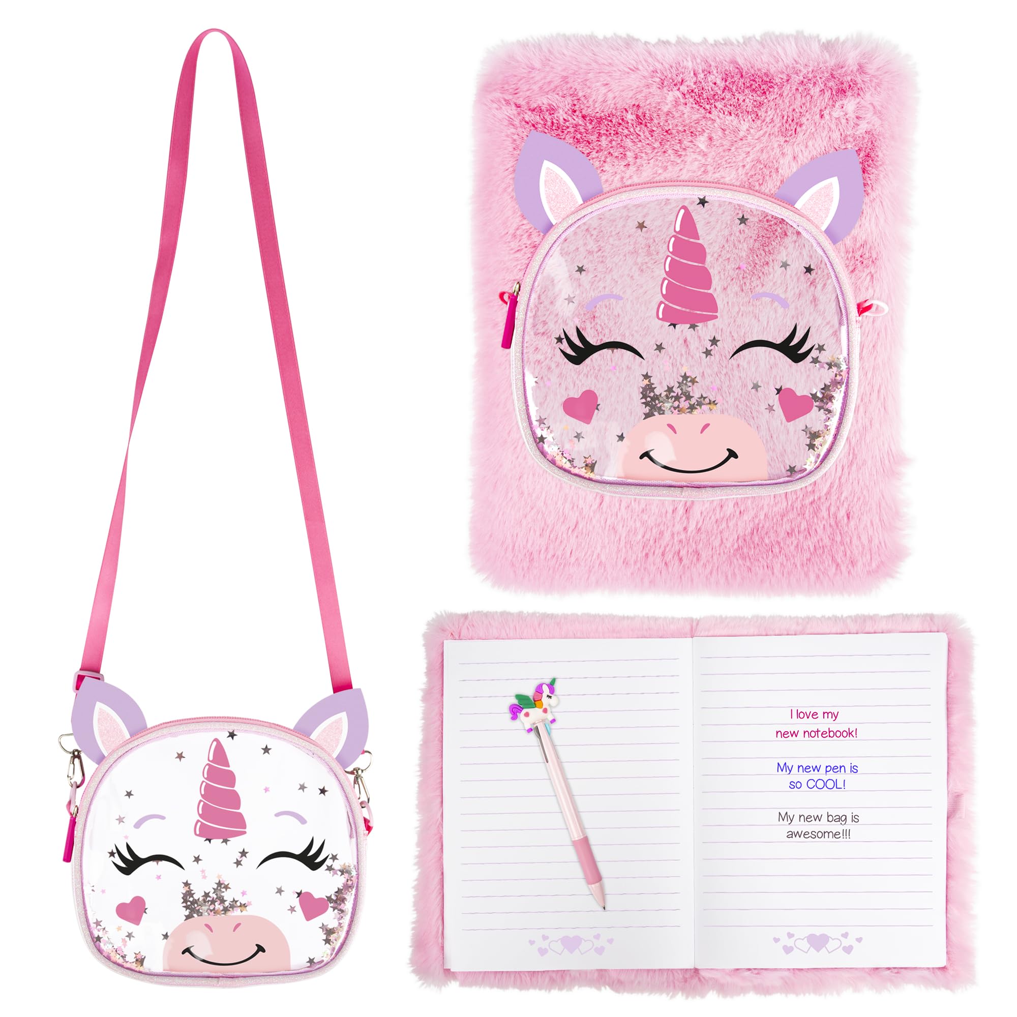 abeec Fluffy Unicorn A4 Notebook Set  Includes Girls Handbag, Multicoloured Pen & Lined Journal | Perfect for Unicorn Gifts, Stationery Sets & Back to School Supplies