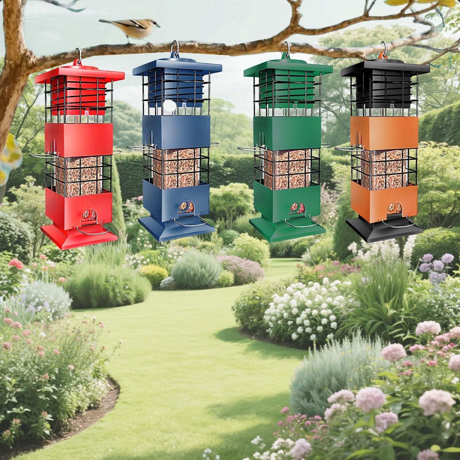 3 LBS Large Metal Squirrel Proof Bird Feeders for Outdoors Hanging, Birdfeeders Outside, Weight Activated Wild Bird Feeder with 4 Feeding Ports for Finch Cardinal Bluebird Backyard Garden