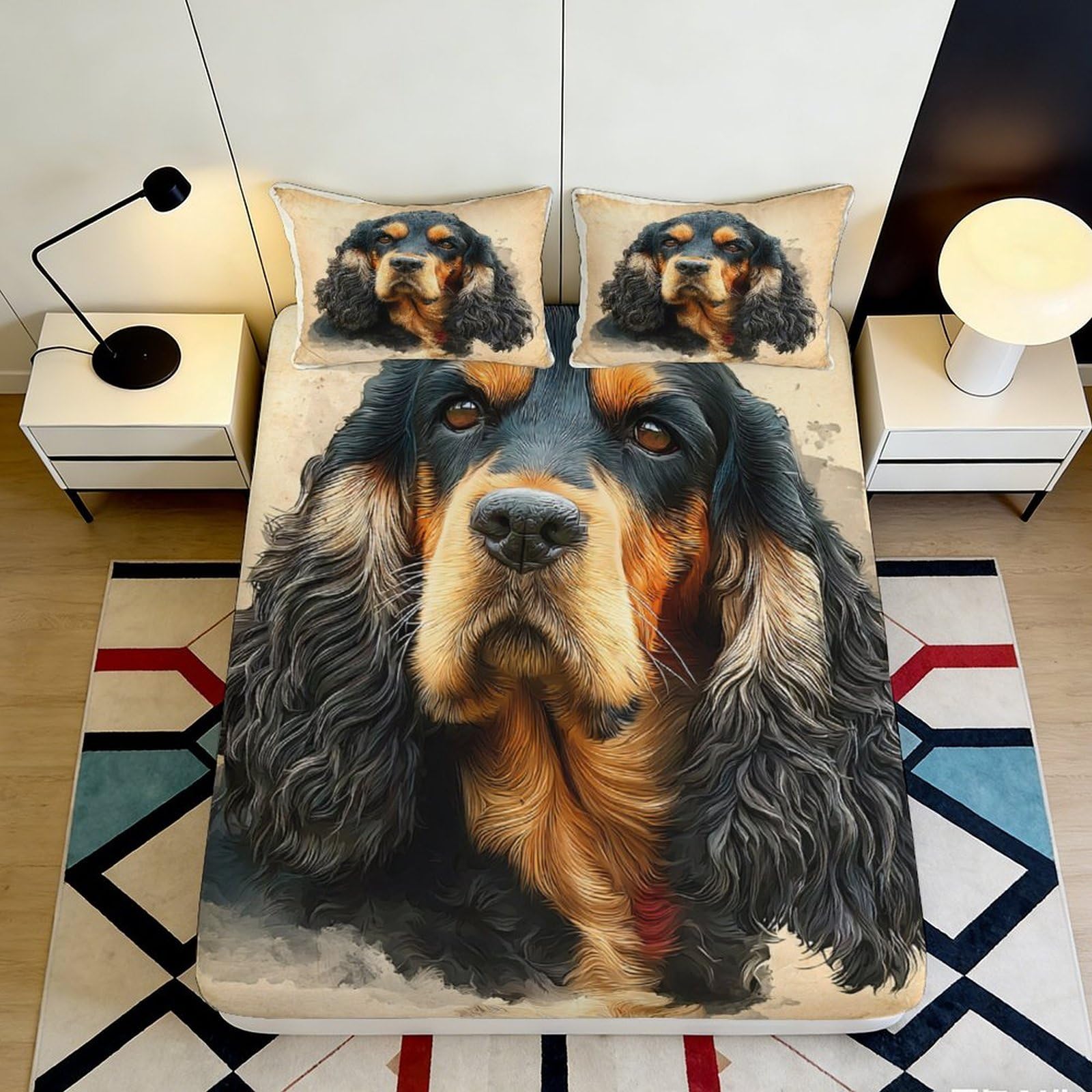 3D Printed Black Brown Spaniel Fitted Sheet Microfiber Soft Dog Art Bed Cover for Bedroom Guest Room Decor 90x200x25cm