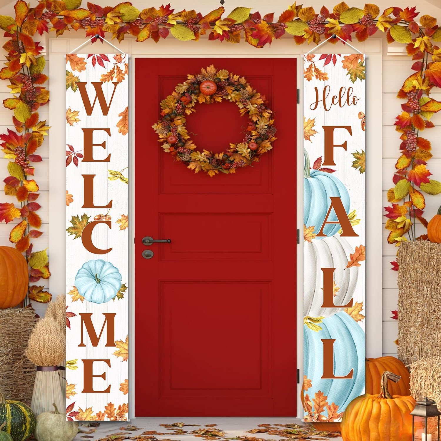 MEHOFOND Blue Pumpkin Maple Leaves Porch Banner Sign, Hello Fall Welcome Sign, 2-Pack, 71 x 12 Inches