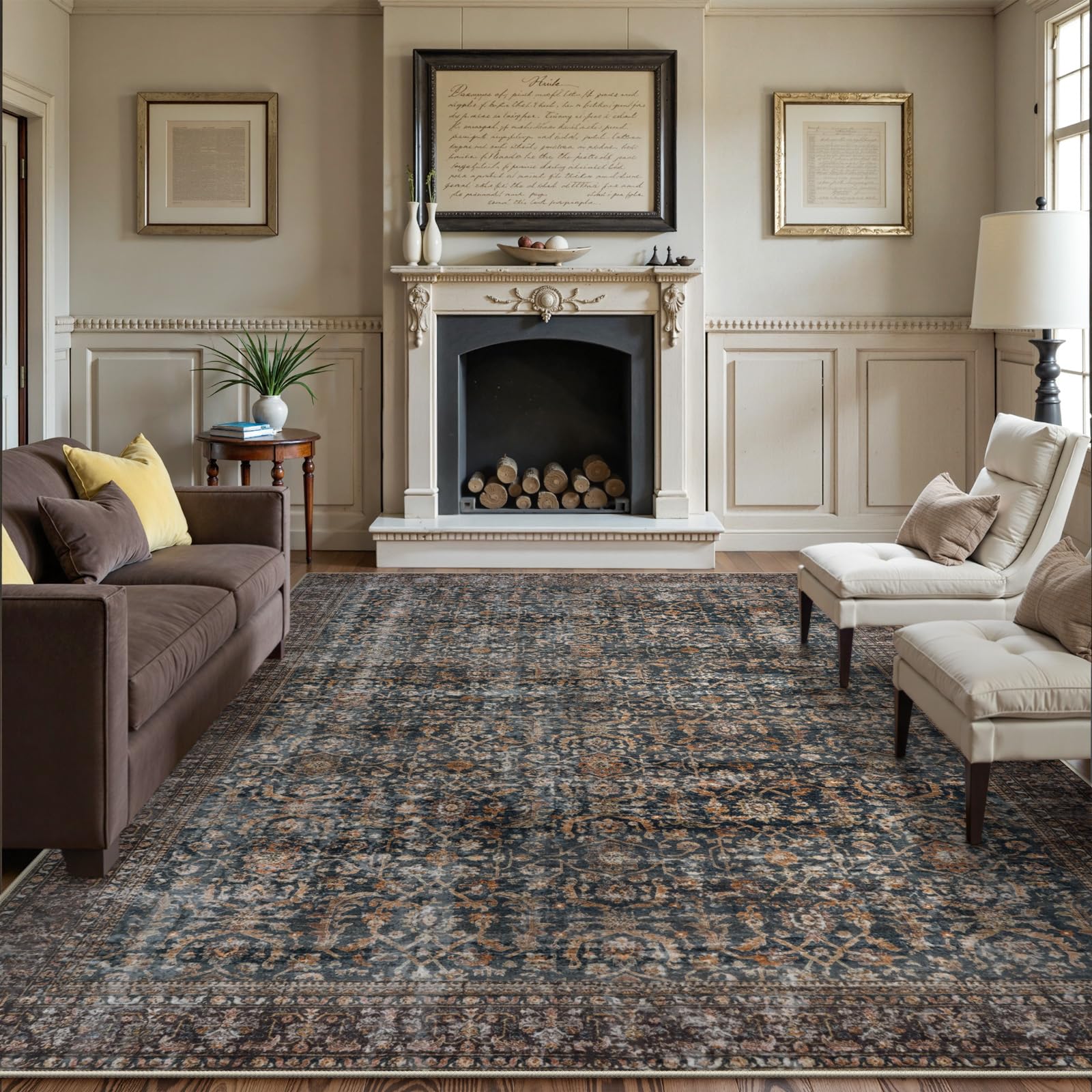 Collive Large Area Rug for Living Room 10x14, Machine Washable Antique Distressed Rugs for Bedroom, Soft Non-Slip Low Pile Indoor Floor Accent Carpet