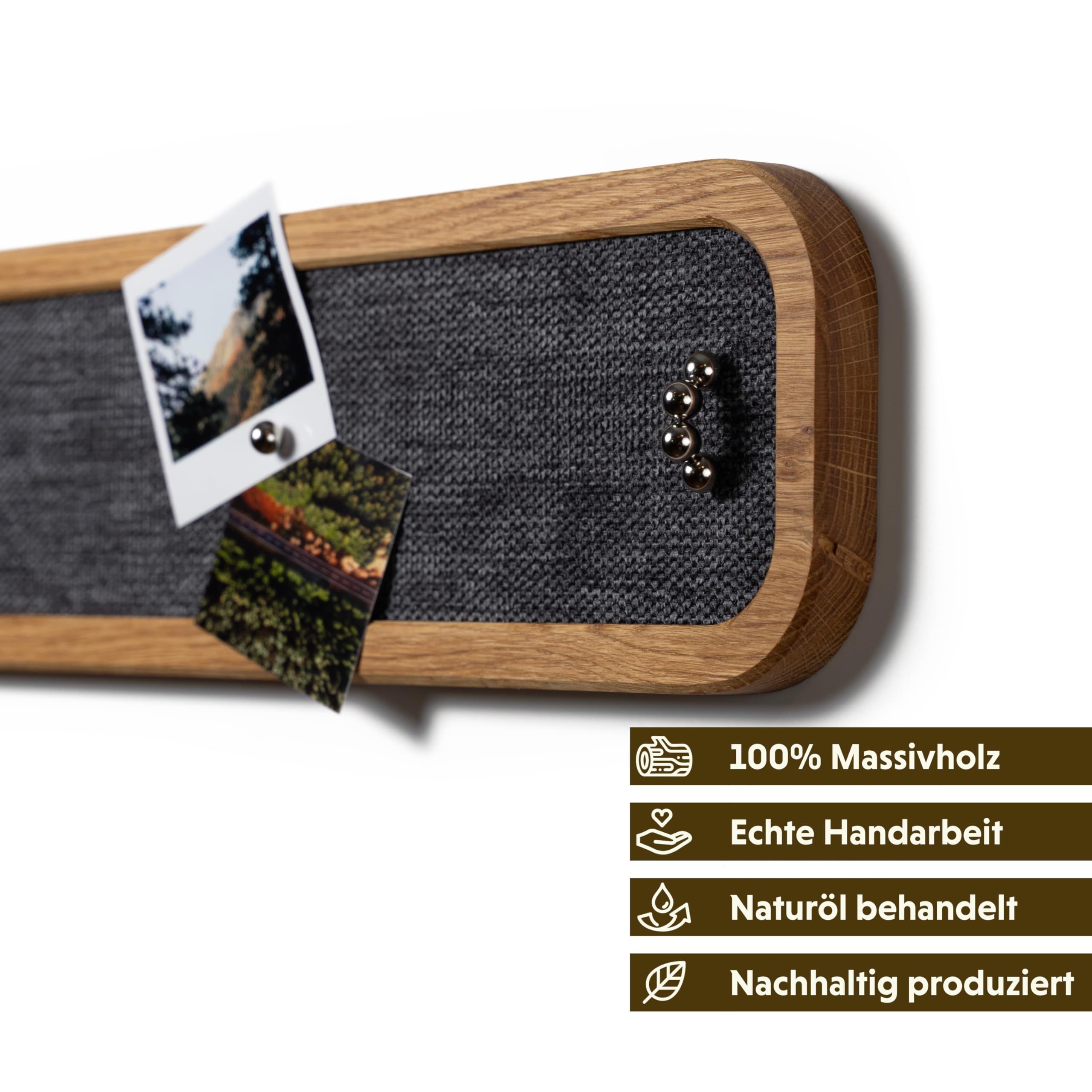 Magnet Pinnwand aus massivem Eichenholz 50x13 cm – Stoffbespannt in Anthrazit mit Magnetischer Rückwand – Wanddeko & Memoboard inkl. 5 Magnetkugeln & Befestigung – Handgemacht von WOODS