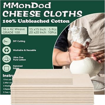 Grade 100 Cheesecloth for Straining, 15 Pack Unbleached Cotton Cloths | Precut with hemmed edges, reusable 56 x 42 weave, 10 pcs 20 x 20 + 5 pcs 15 x 15 for yogurt, cheese and nut milk
