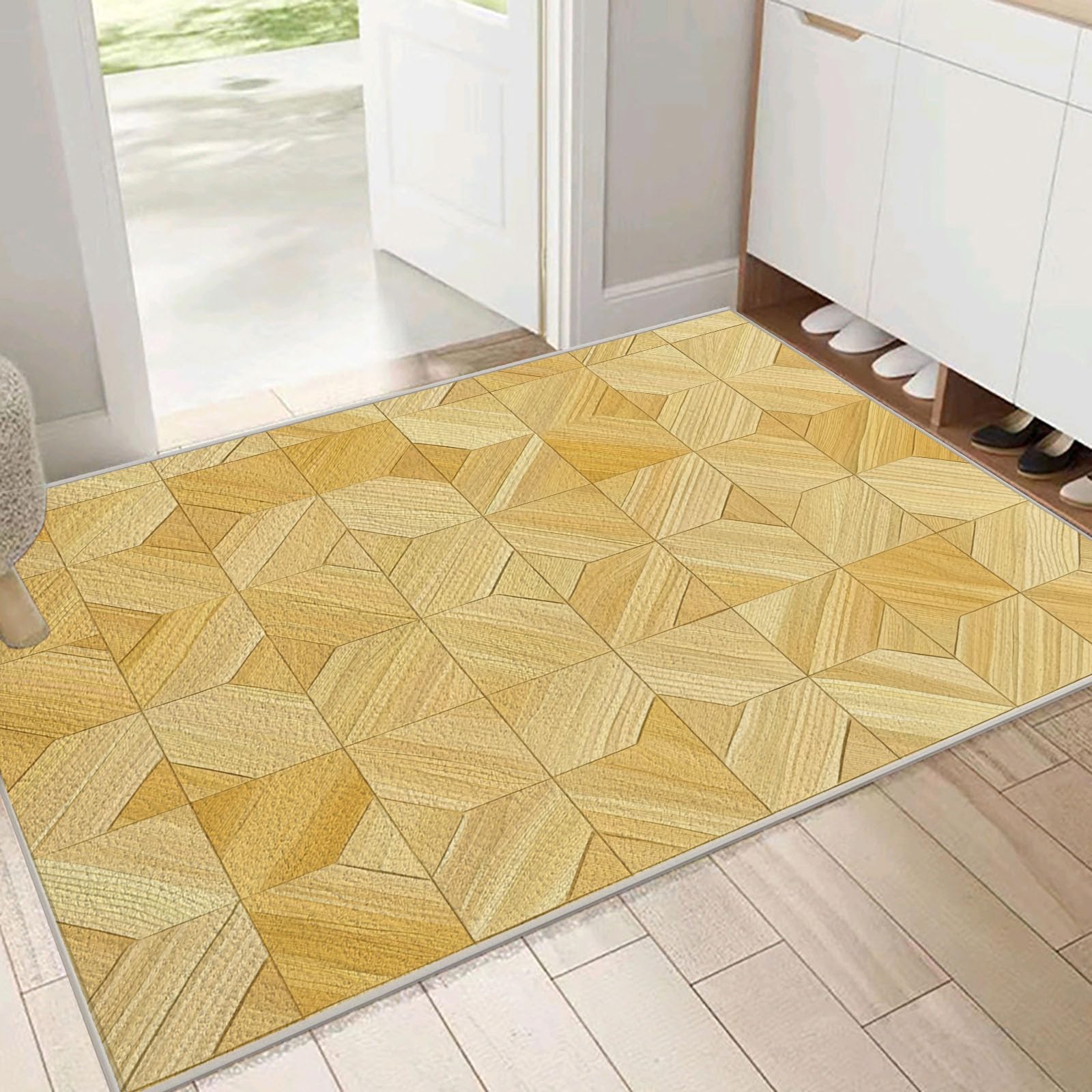 Tapis Lavable Parquet, Antidérapant Géométrie Patchwork Rétro, Résistant Aux Taches pour Intérieur, Décoration pour Salon, Chambre À Coucher, Bureau - Jaune Clair - 80X150Cm