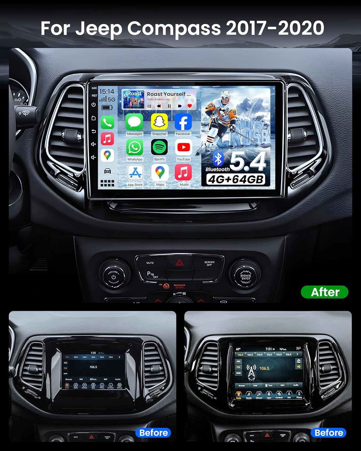 Before and after installation of the car radio in a Jeep Compass dashboard