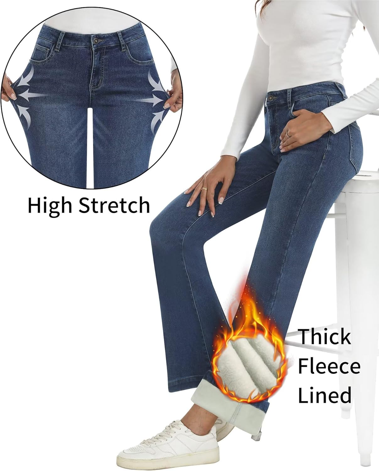 Fleece Lined Jeans Women High Waisted Stretchy Warm Winter Thermal Pants Thick Bell Bottom Wide Leg Jeans Woman - Image 3